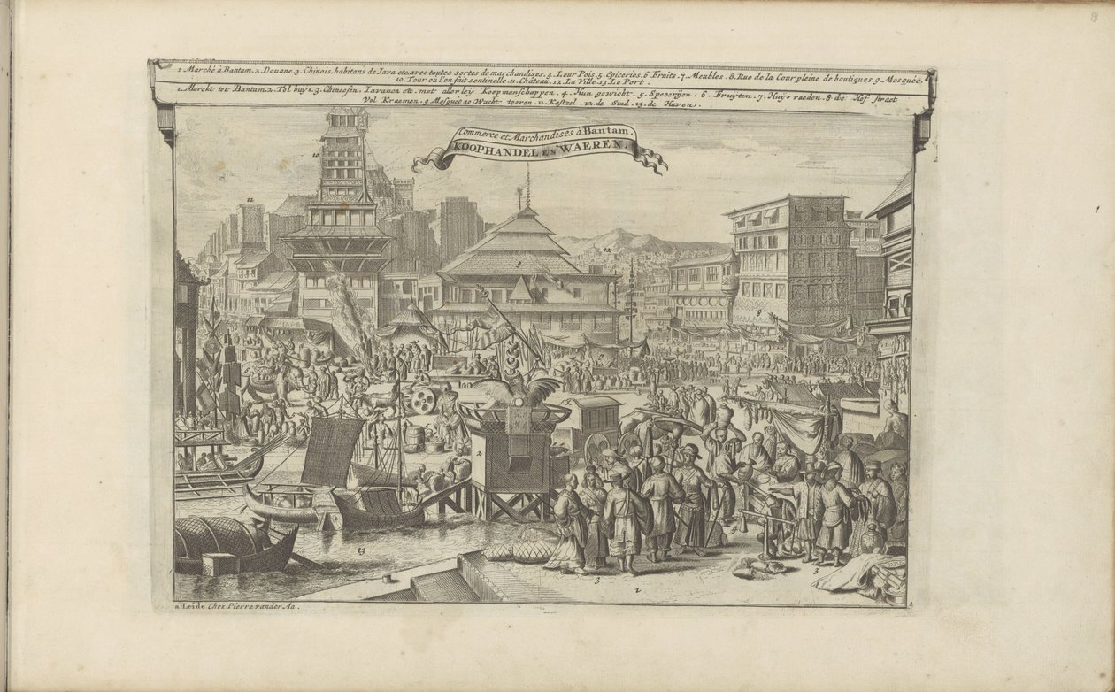 Markt en handel i Bantam Handel og varer i Bantam / Koophandel en waeren (titel på objekt) Øst- og Vestindien og andre steder (serietitel) af Romeyn de Hooghe