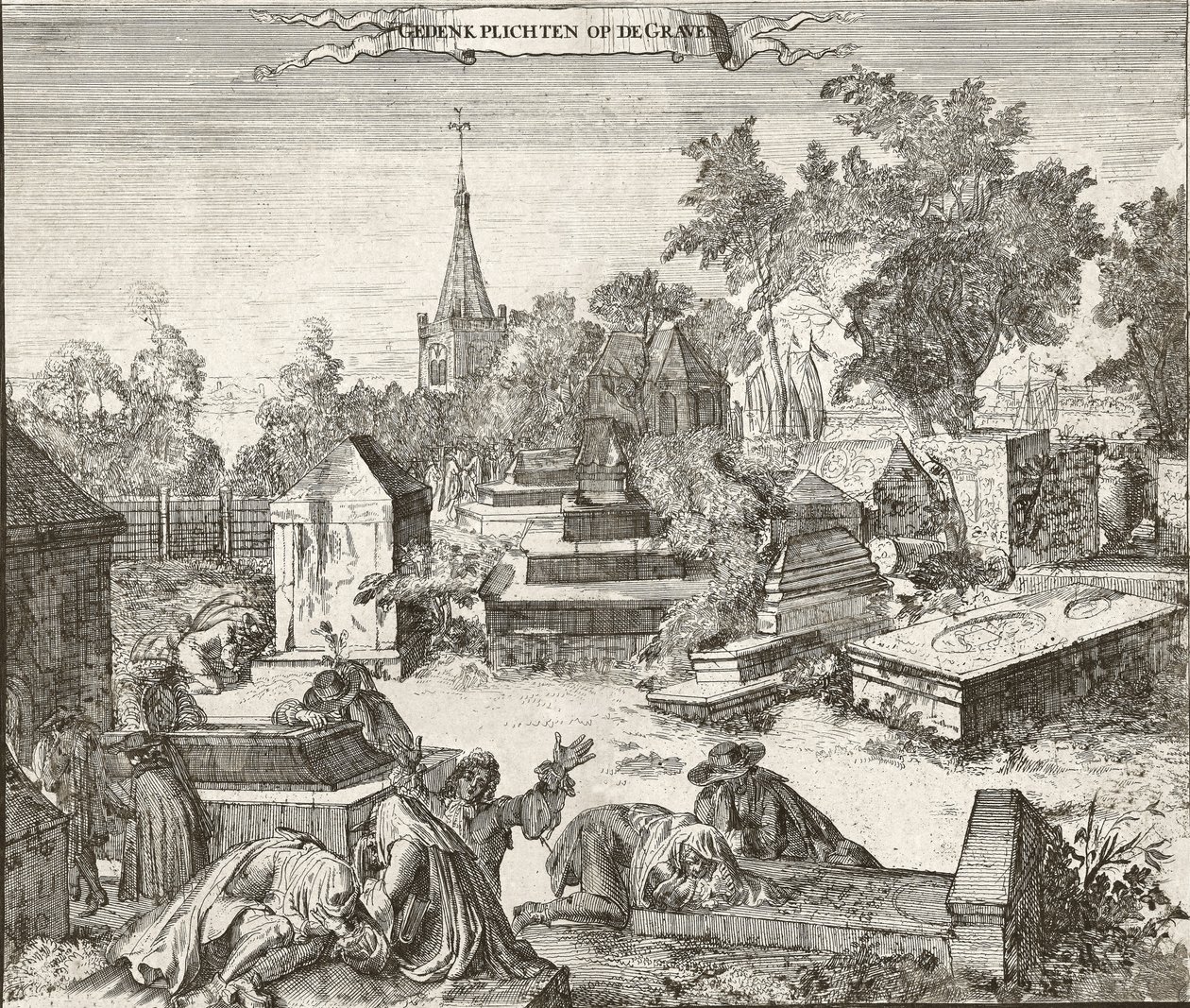 Sorg på den portugisisk-jødiske kirkegård i Beth Haim af Ouderkerk på Amstel i Holland - Indgravering af Romeyn de Hooghe (1645-1708) af Romeyn de Hooghe