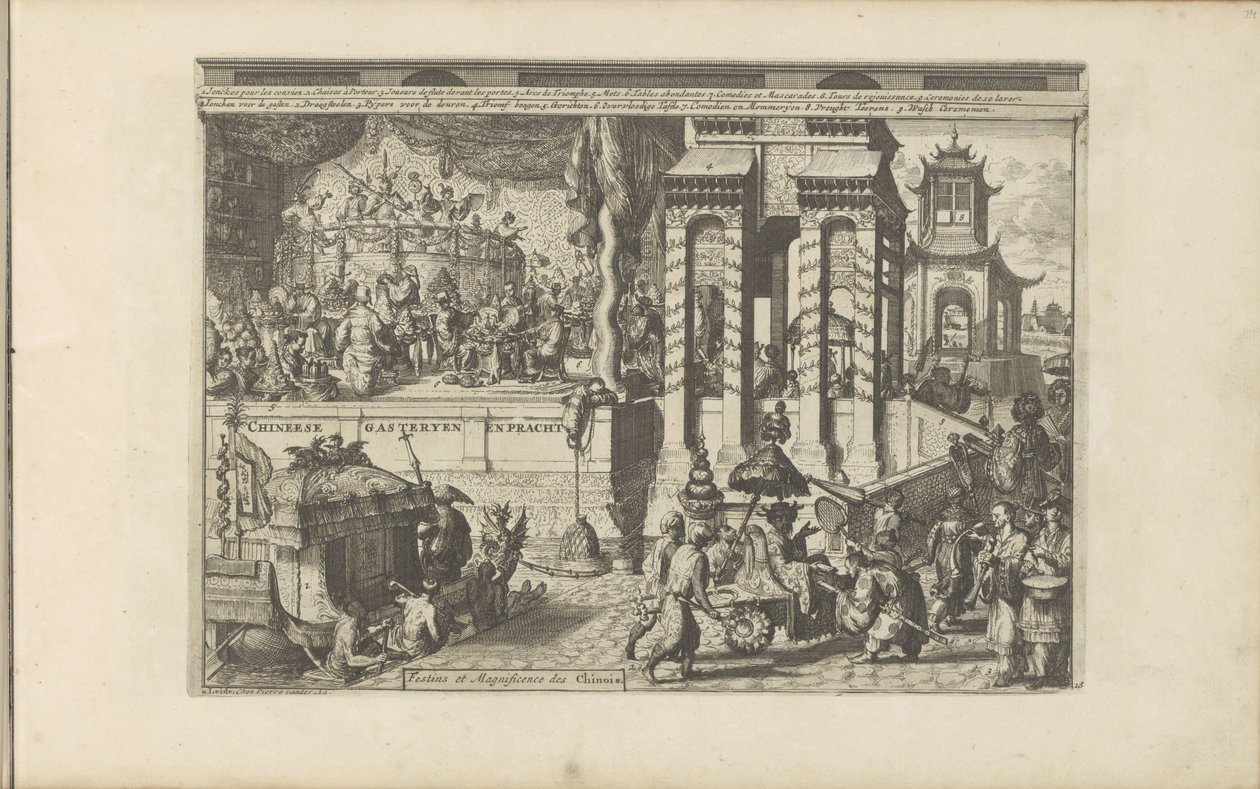 Modtaget ceremoni af Chinezen Chinese Gasteryen en Pracht / Kinesernes fester og storslåethed (titel på objektet) Øst- og Vestindien og andre steder (serietitel) af Romeyn de Hooghe