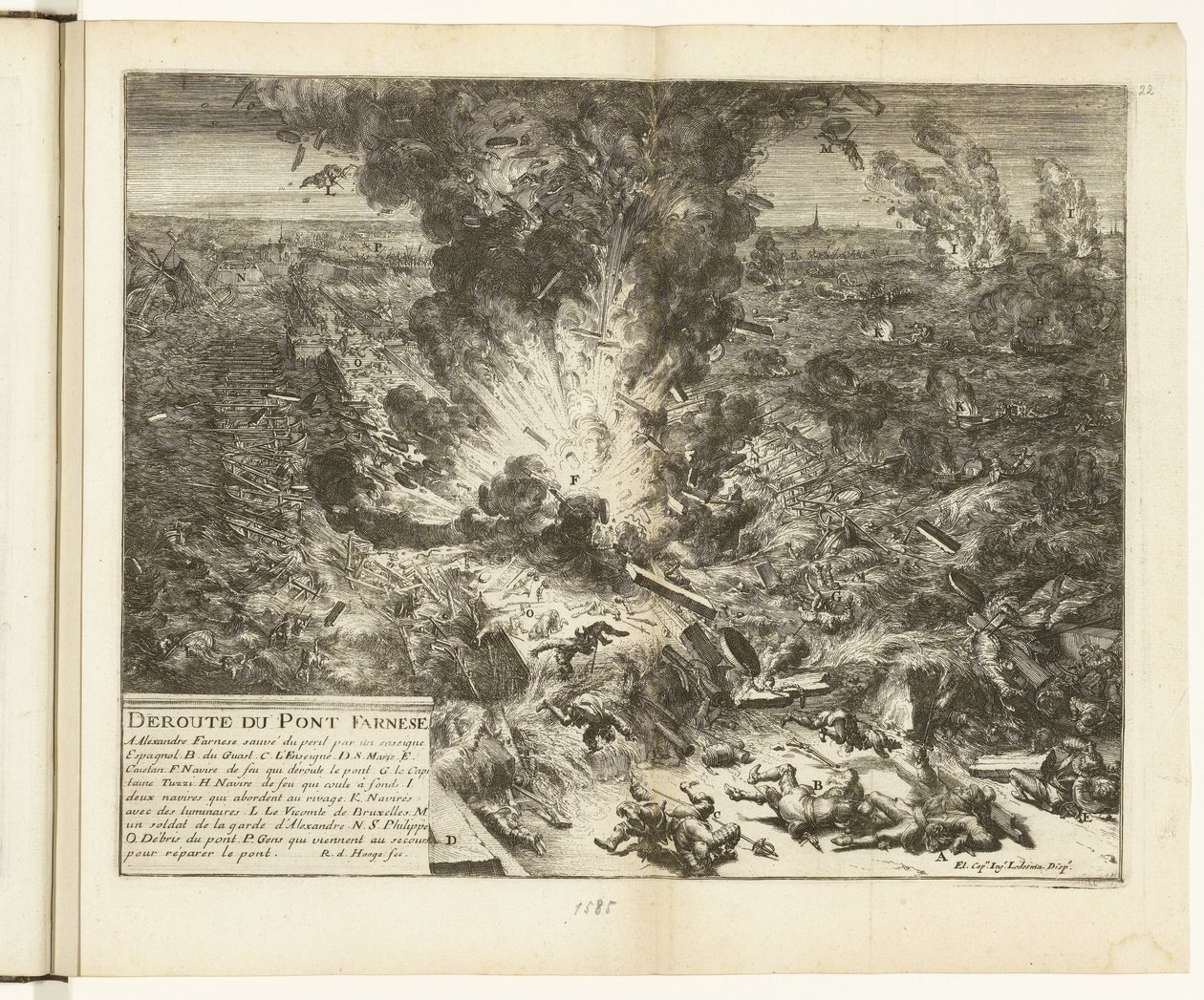 Sprængning af Parmas skibsbro over Schelde, 1585 Deroute du Pont Farnese (titel på objekt) Guerres de Flandres (serietitel) af Romeyn de Hooghe