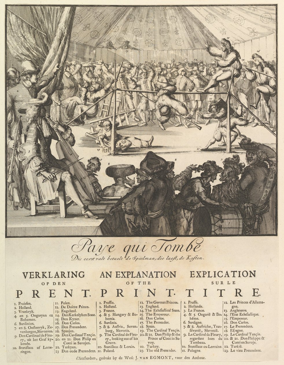 Pays qui Tombe: Hvem falder først, Legemanden, der holder, betaler omkostningerne Faldet for ....n.d. af Romeyn de Hooghe