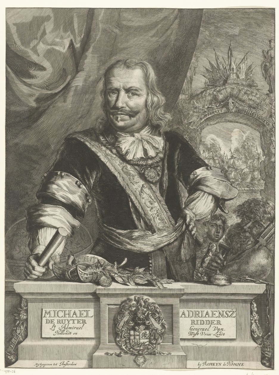 Portræt af Michiel de Ruyter Michael Adriaensz de Ruyter Knight Lt Admirael general Van Hollandt og West Vrieslandt (titel på objektet) af Romeyn de Hooghe