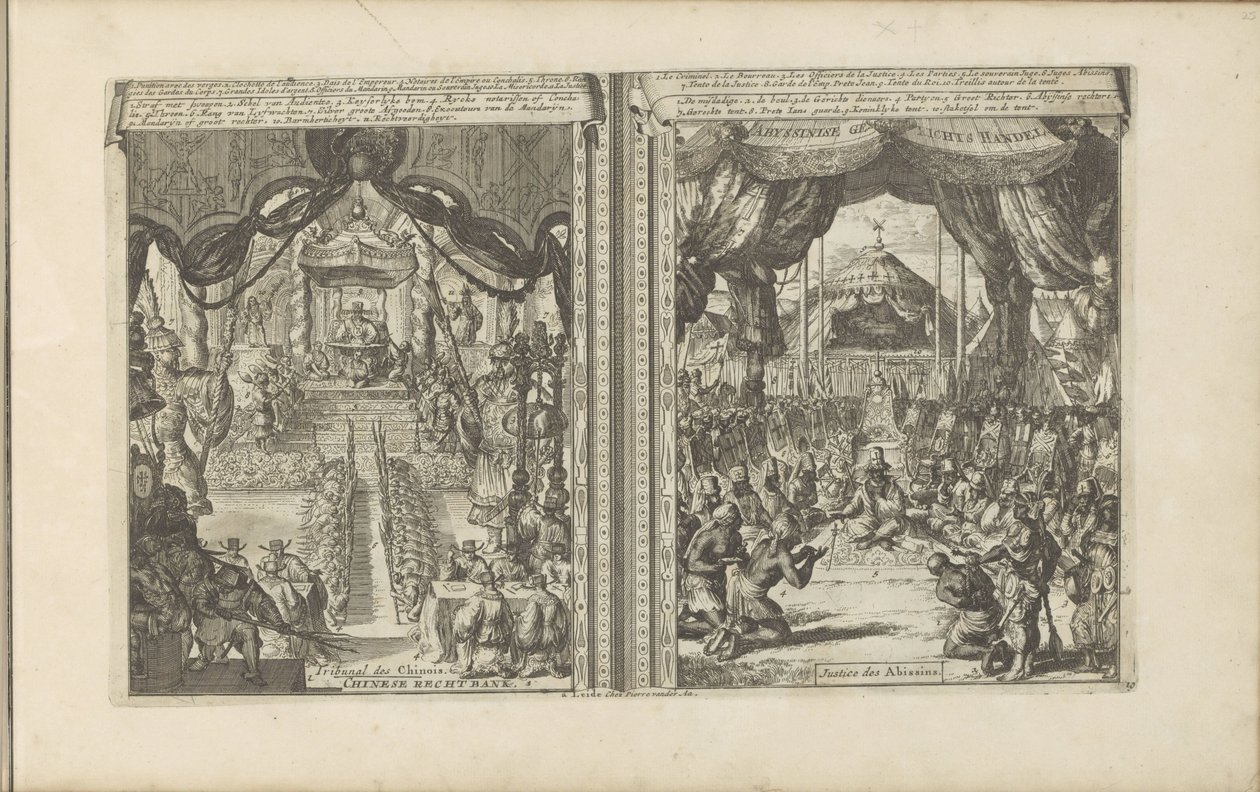 Rechtbank i Kina i Abbesinië Kinesisk rechtbank / tribunal des Chinois // Abyssinise Gerichts Handel / Justice des Abissins (titel på objektet) Øst- og Vestindien og andre steder (serietitel) af Romeyn de Hooghe