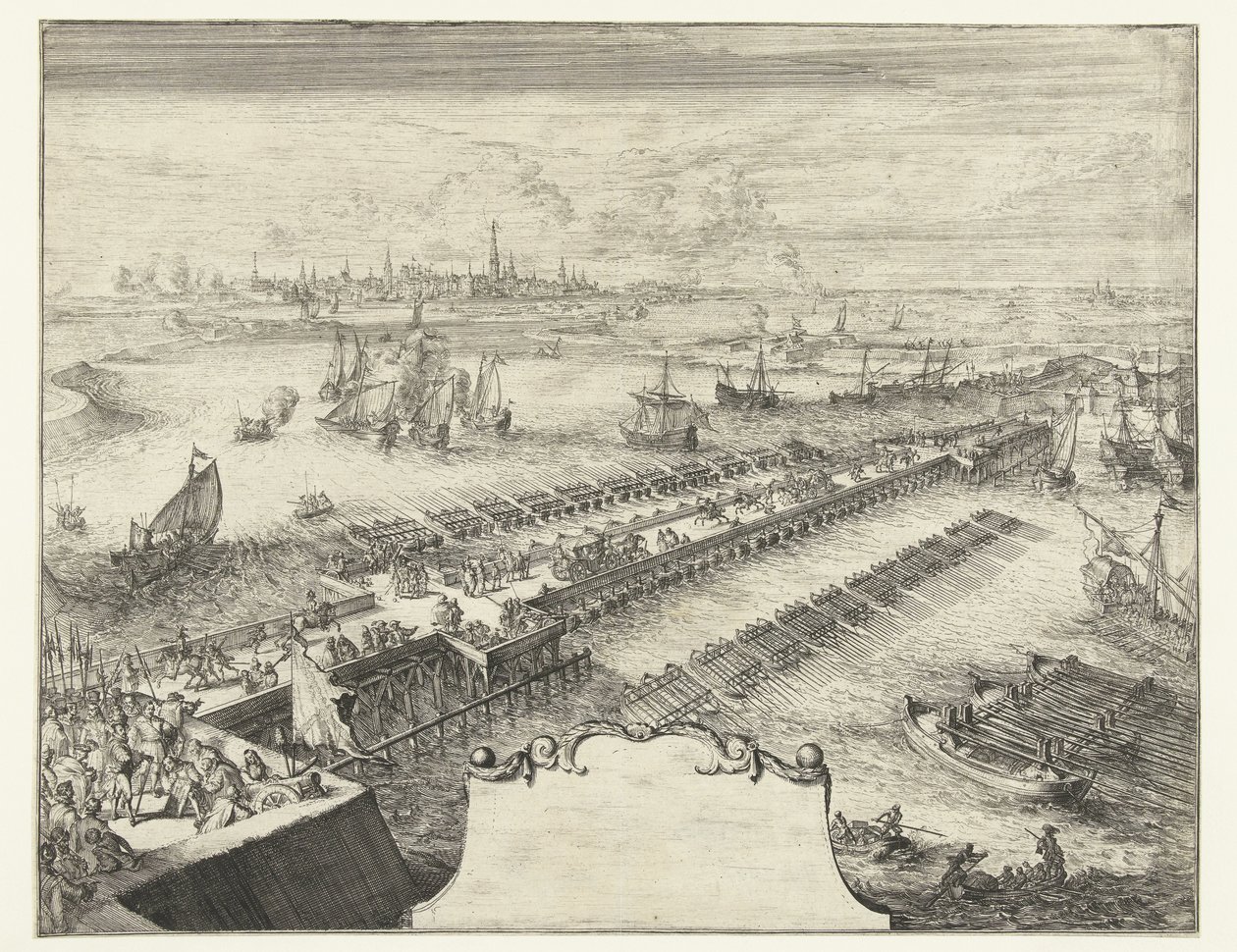Parma skibsbro over Schelde, 1585 Guerres de Flandres (serietitel) af Romeyn de Hooghe