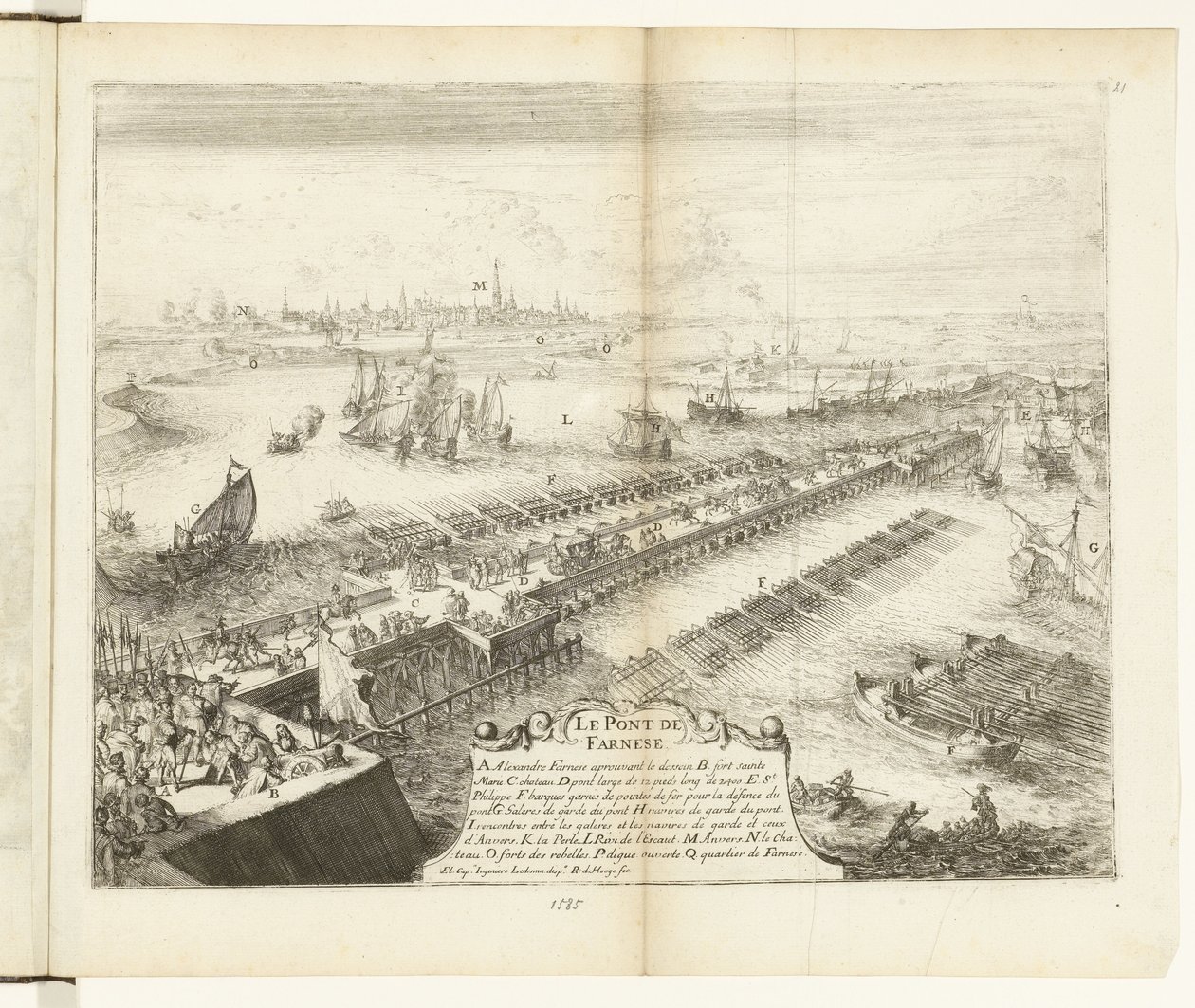 Parma skibsbro over Schelde, 1585 Le Pont de Farnese (titel på objekt) Guerres de Flandres (serietitel) af Romeyn de Hooghe