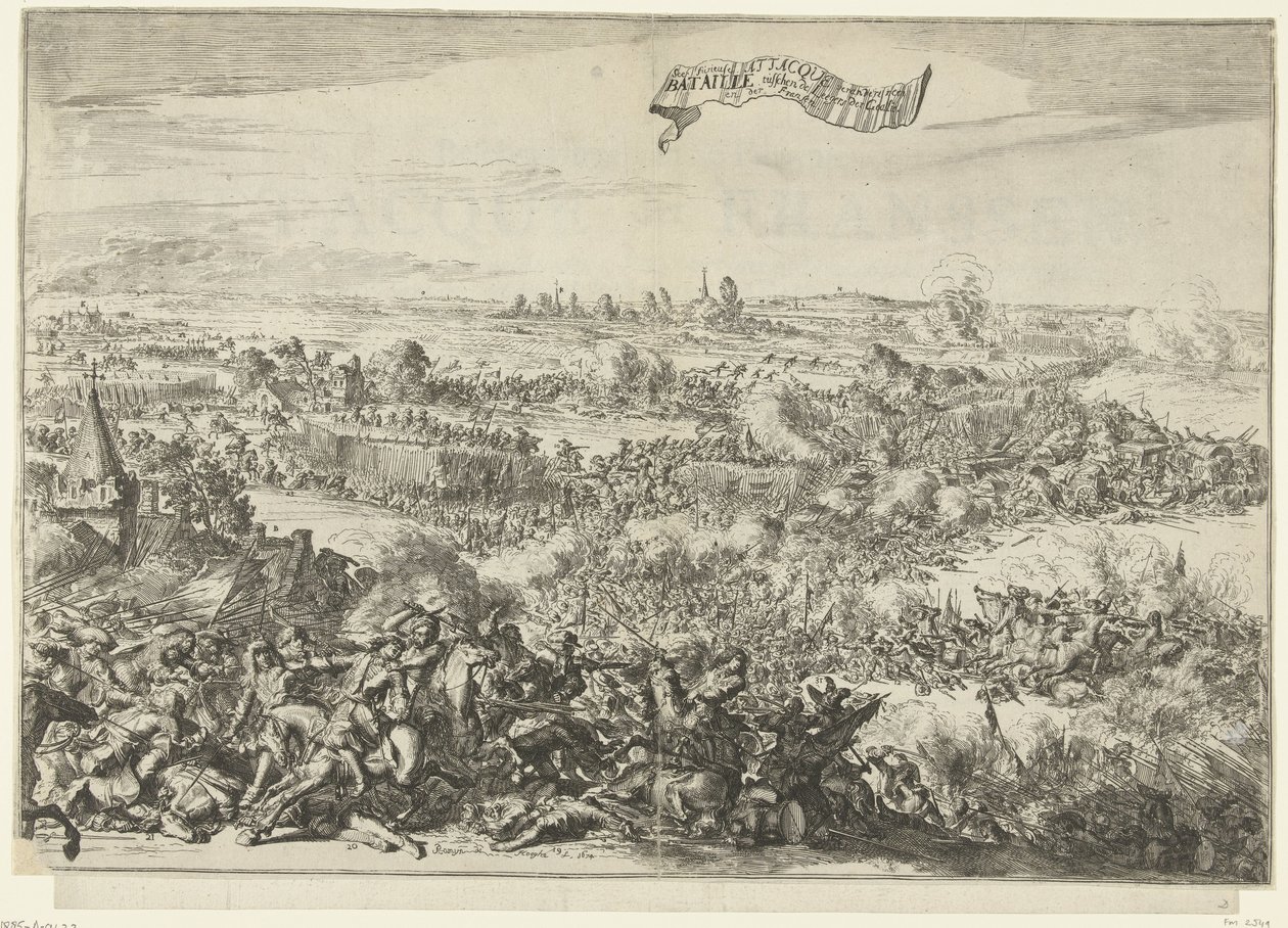 Slaget ved Seneffe, 1674 Seer rasende Attacque forvandles til en Bataille mellem Geallie-hærene. en der Fransen (titel på objekt) Beskrivelse af den rasende Attacque der Franssen, On the Bagagie of the Army of the Allies: Bliver til en sc. af Romeyn de Hooghe