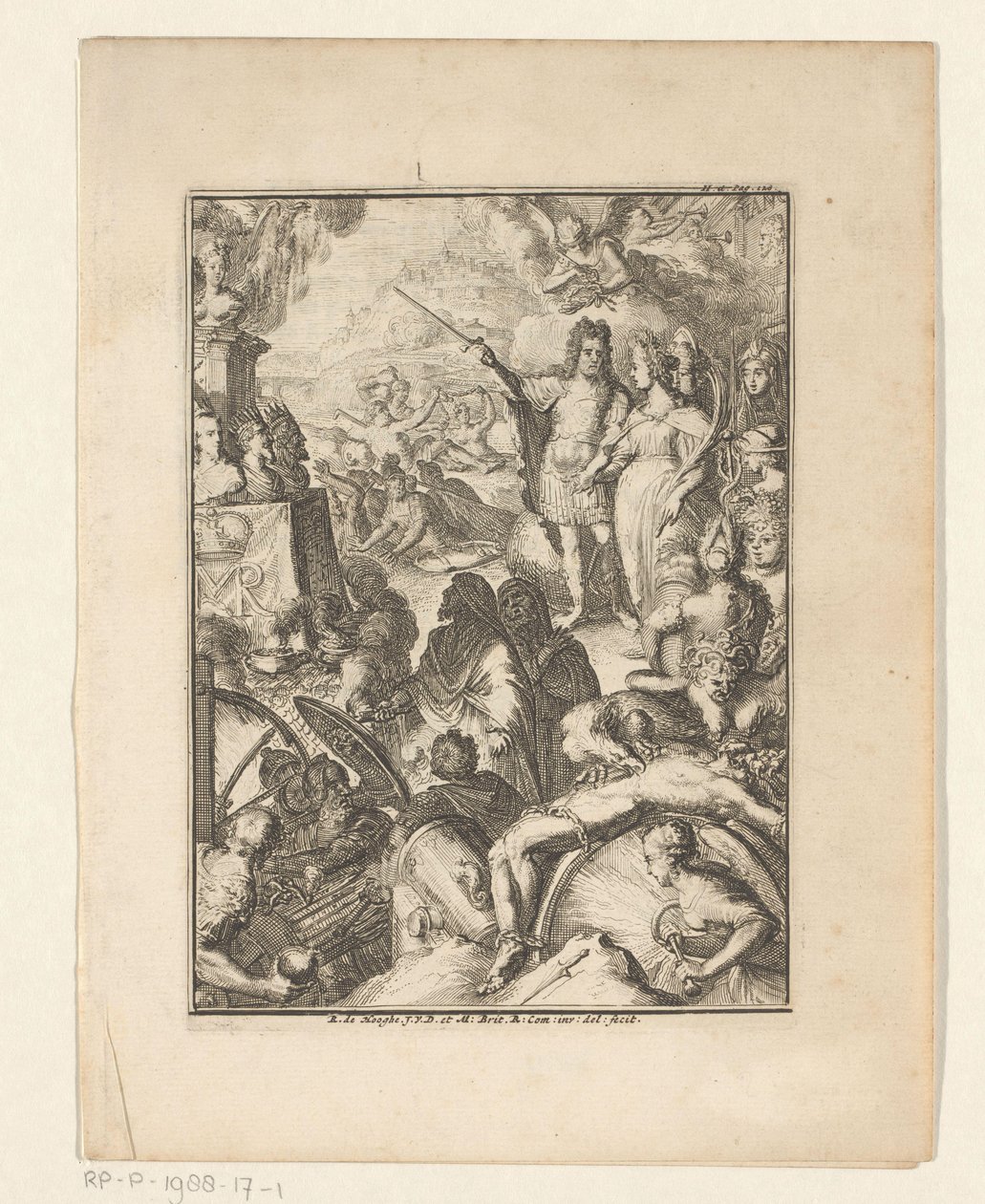 Stadtholder William III og Mary Stuart midt i mytiske skikkelser af Romeyn de Hooghe