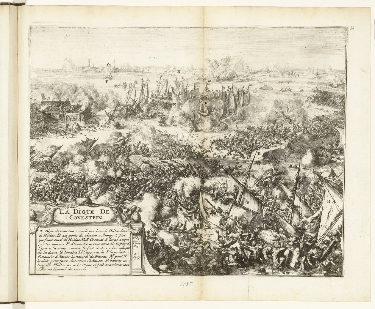 Slaget om Kauwenstein-diget, 1585 La digue de Covestein (titel på objekt) Guerres de Flandres (serietitel) af Romeyn de Hooghe