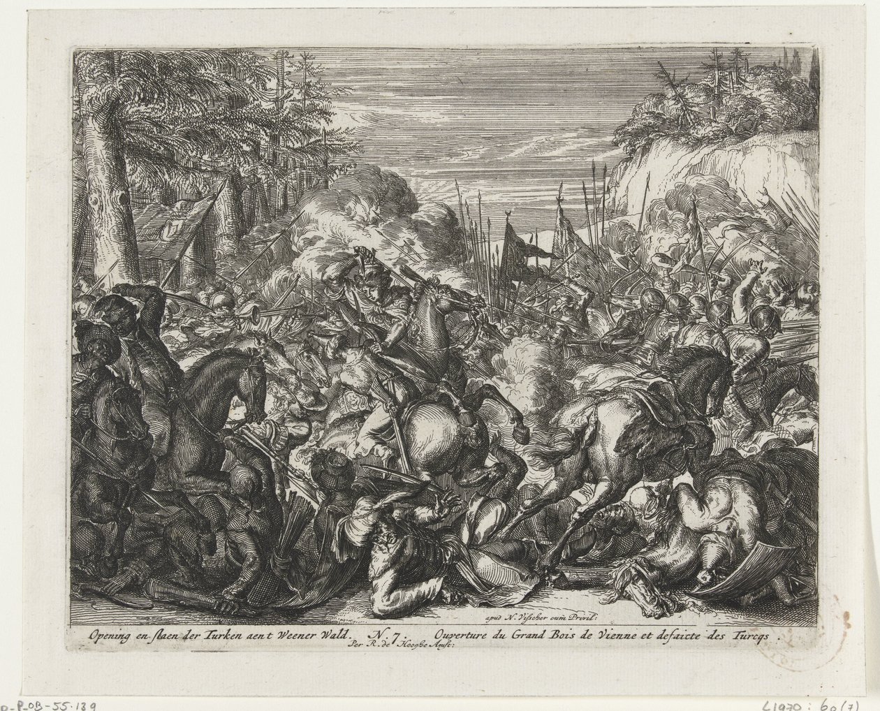 Kamp mellem Habsburgere og tyrkere i Wienerskoven Åbning og tæsk af tyrkerne aent Weener Wald (titel på objektet) af Romeyn de Hooghe