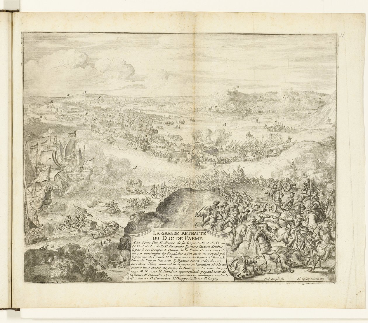Tilbagetrækning af hertugen af ​​Parmas hær, 1592 La grande retreat du duc de Parme (titel på objektet) Guerres de Flandres (serietitel) af Romeyn de Hooghe