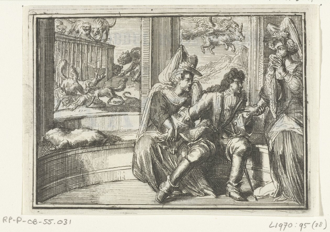 Titelside til pjecen: Bumpet i vagten, på Haasejagt, 1702 Bump in the Guard, på Haasejagt (titel på objekt) Esopus in Europe (serietitel) af Romeyn de Hooghe