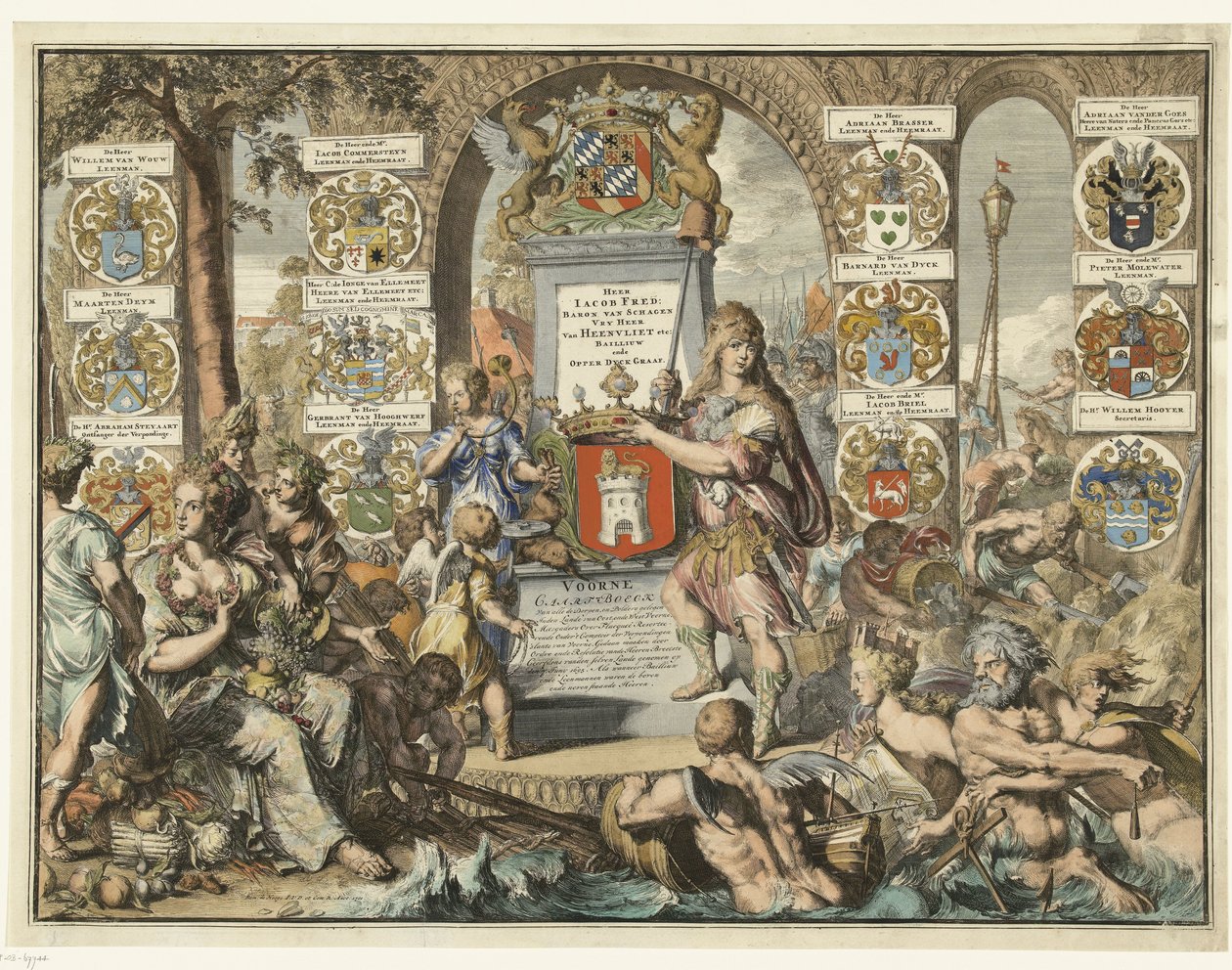 Titeltryk Caartboeck van Voorne, 1701 Voorne Caart-Boeck af alle landsbyer, og poldere beliggende i den østlige Lande, og den vestlige Voorne (...) 7. juni 1695. Som da Bailliuw og Leenmannen var ovenstående og de tilstødende Heeren. (titel på objekt) af Romeyn de Hooghe