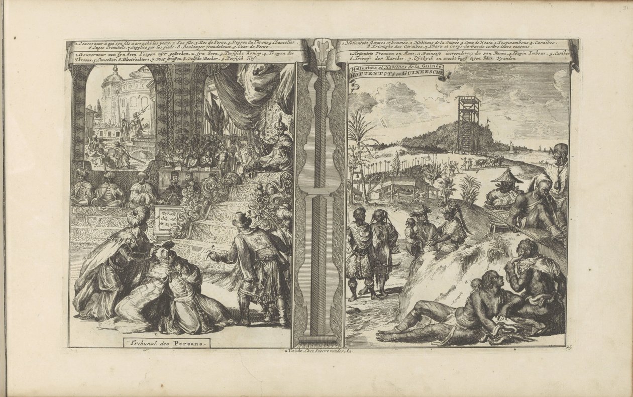 Tribunaal i Perzie; Khoikhoi i Guineers Persernes domstol // Hottentots in Guineesche / Hottentots and Inhabitants of Guinea (titel på objektet) Øst- og Vestindien og andre steder (serietitel) af Romeyn de Hooghe