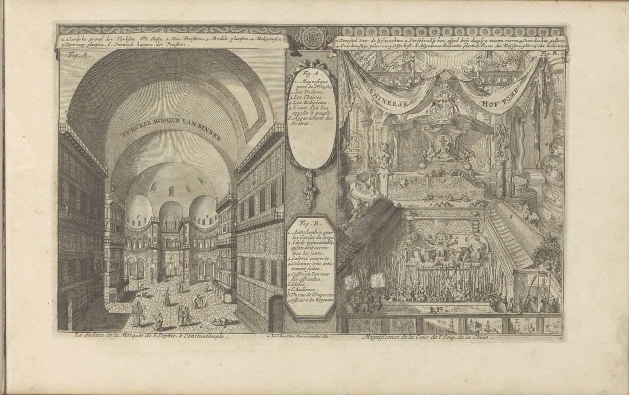 tyrkisk moské i Konstantinopel; Keizerlijkhof i Kina Turksche håner van binnen / Det indre af S. Sophia-moskeen, i Konstantinopel // Kinesisk Hof Pomp / Magnificience of the Court of Emp. fra Kina. (titel på objekt) Ostindien og O af Romeyn de Hooghe