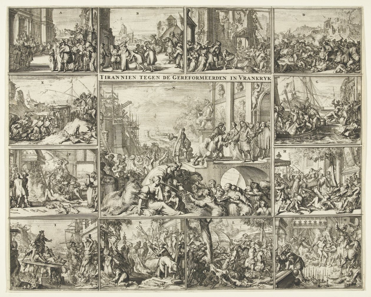 Forfølgelse af protestanter i Frankrig efter tilbagekaldelsen af ​​Ediktet af Nantes, 1685-1686 Tyran mod de reformerte i Vrankrijk (titel på objekt) af Romeyn de Hooghe