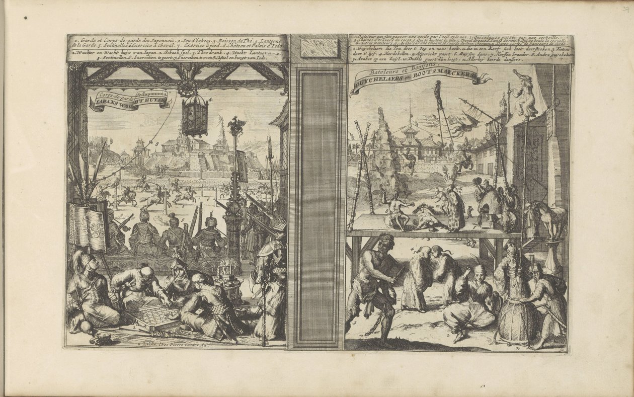 Vagthus i Japan; Magikere og akrobater Japans Wacht Huyse / Corps-de-garde des Japonnois // Guychelaers and Bootsmaeckers (titel på objektet) Les Indes Orientales et Occidentales et autres lieux (serietitel) af Romeyn de Hooghe