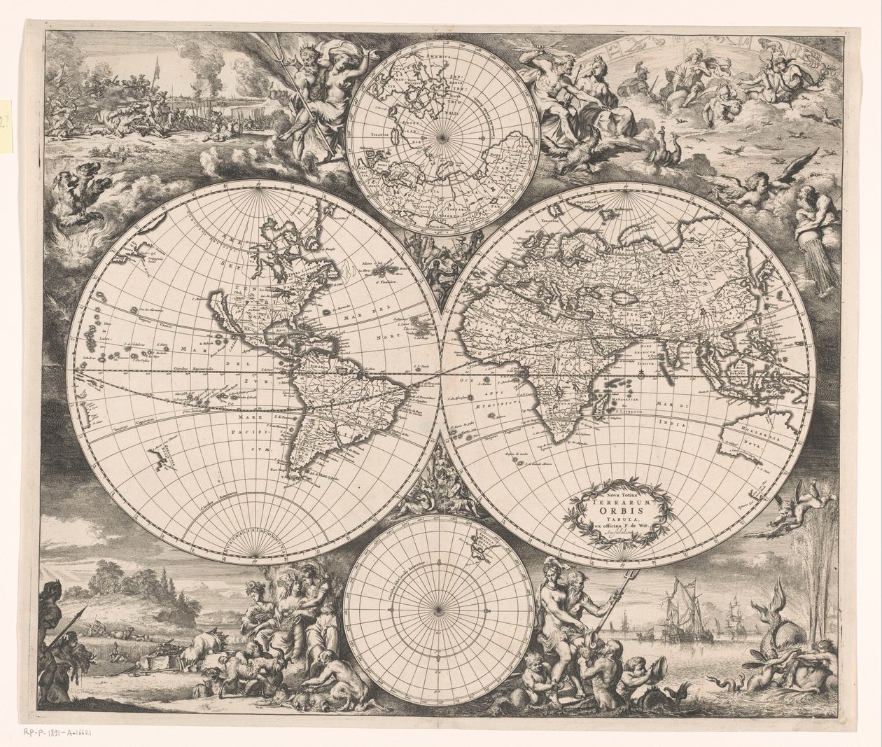 Verdenskort med en allegori over de fire elementer Nova totius terrarum orbis tabula (titel på objekt) af Romeyn de Hooghe