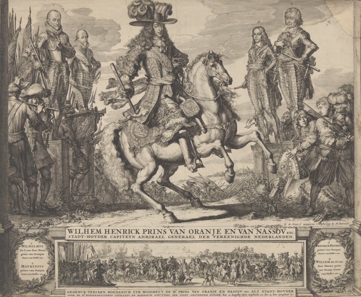 William III som Prins af Orange, med de fire forudgående Stadthouders, William I, Maurice,..., n.d.. af Romeyn de Hooghe
