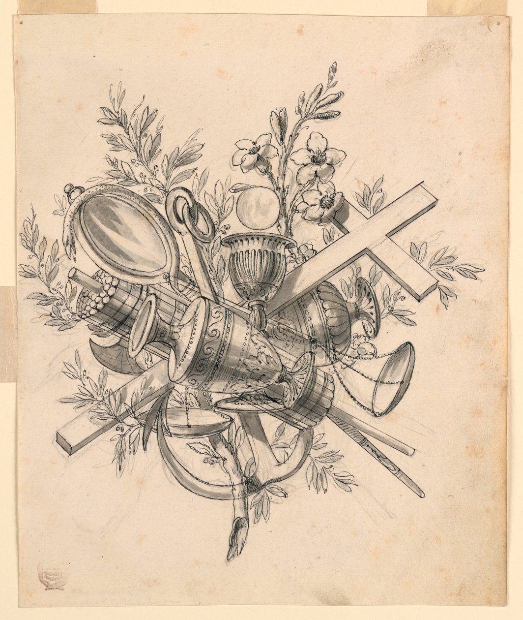 Tegning, trofæ med dydernes symboler, 1830-1850 af Romolo Achille Liverani