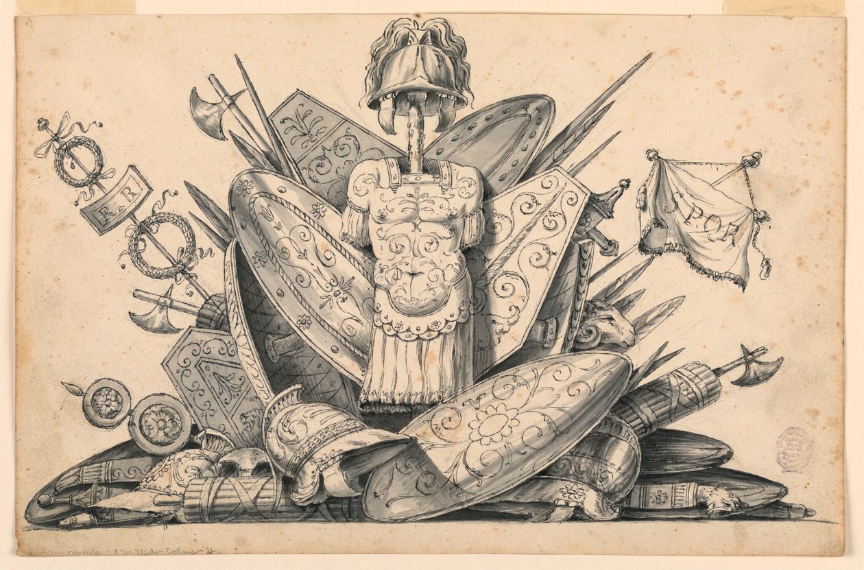 Tegning, Våbentrofæ, 1830-1850 af Romolo Achille Liverani