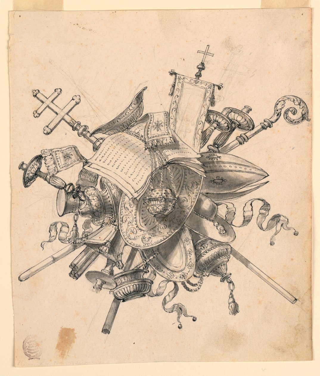 Tegning, trofæ med kirkelige genstande, 1830-1850 af Romolo Achille Liverani