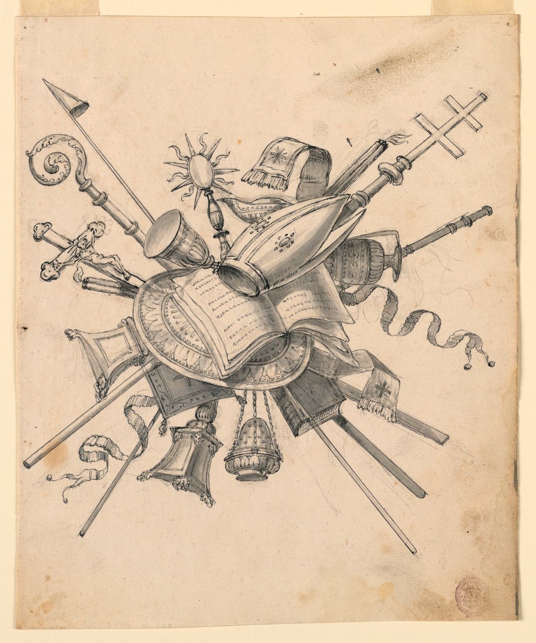 Tegning, trofæ med kirkelige genstande, 1830-1850 af Romolo Achille Liverani