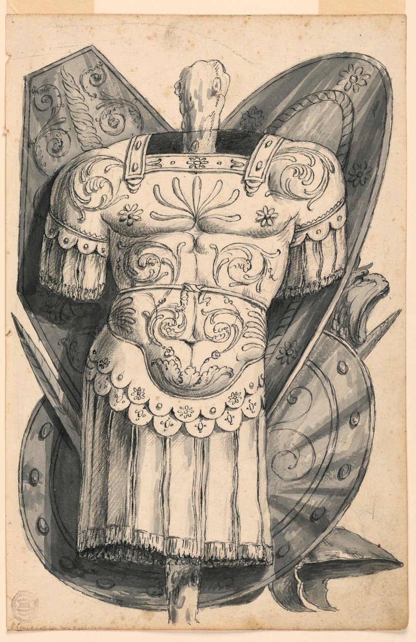 Tegning, trofæ med våben, 1830-1850 af Romolo Achille Liverani