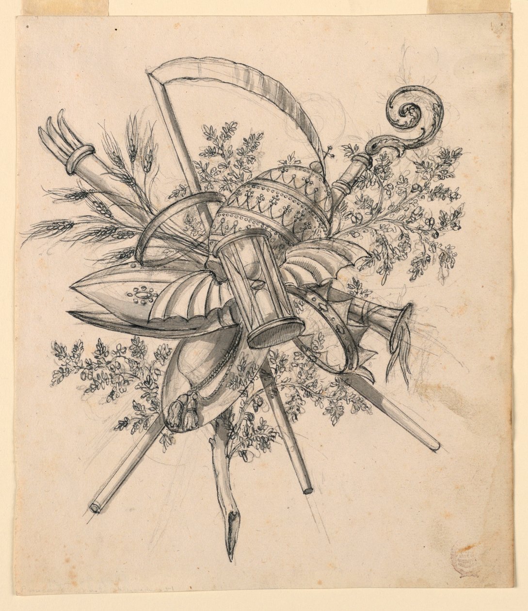 Tegning, Trofæ med bevinget timeglas, 1830-1850 af Romolo Achille Liverani