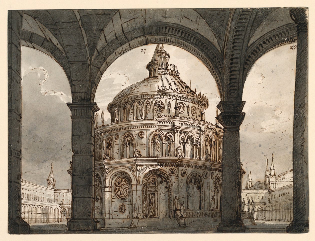 Scenedesign, Atrium med Hospitallernes Tempel til Operaen "La Straniera" af Vincenzo Bellini af Romolo Achille Liverani