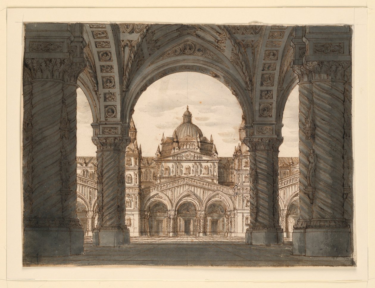 Scenedesign, kirkefacade fra en loggia, I due Valdomiri af Felice Romani, musik af Pietro de Winter. Opført på La Scala, Milano, 1818 af Romolo Achille Liverani
