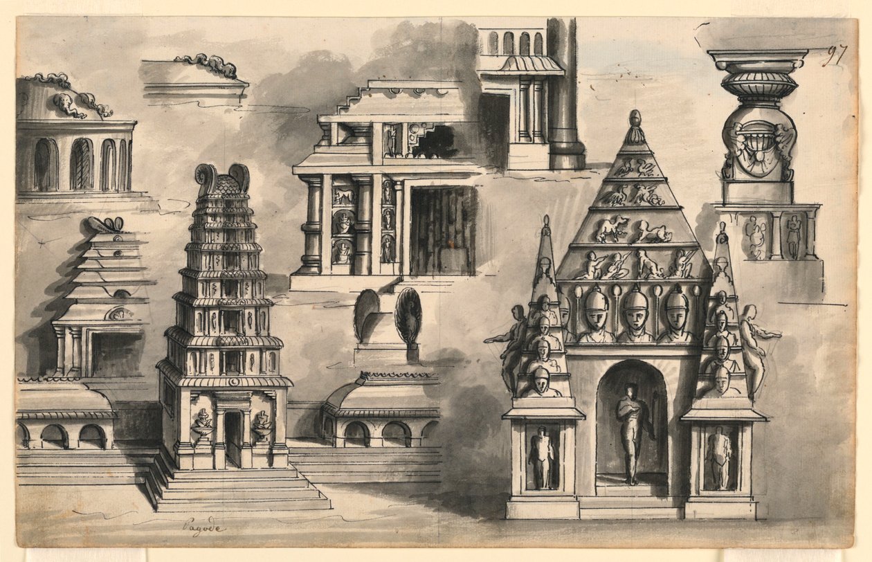 Scenedesign, detaljer om indiske templer af Romolo Achille Liverani
