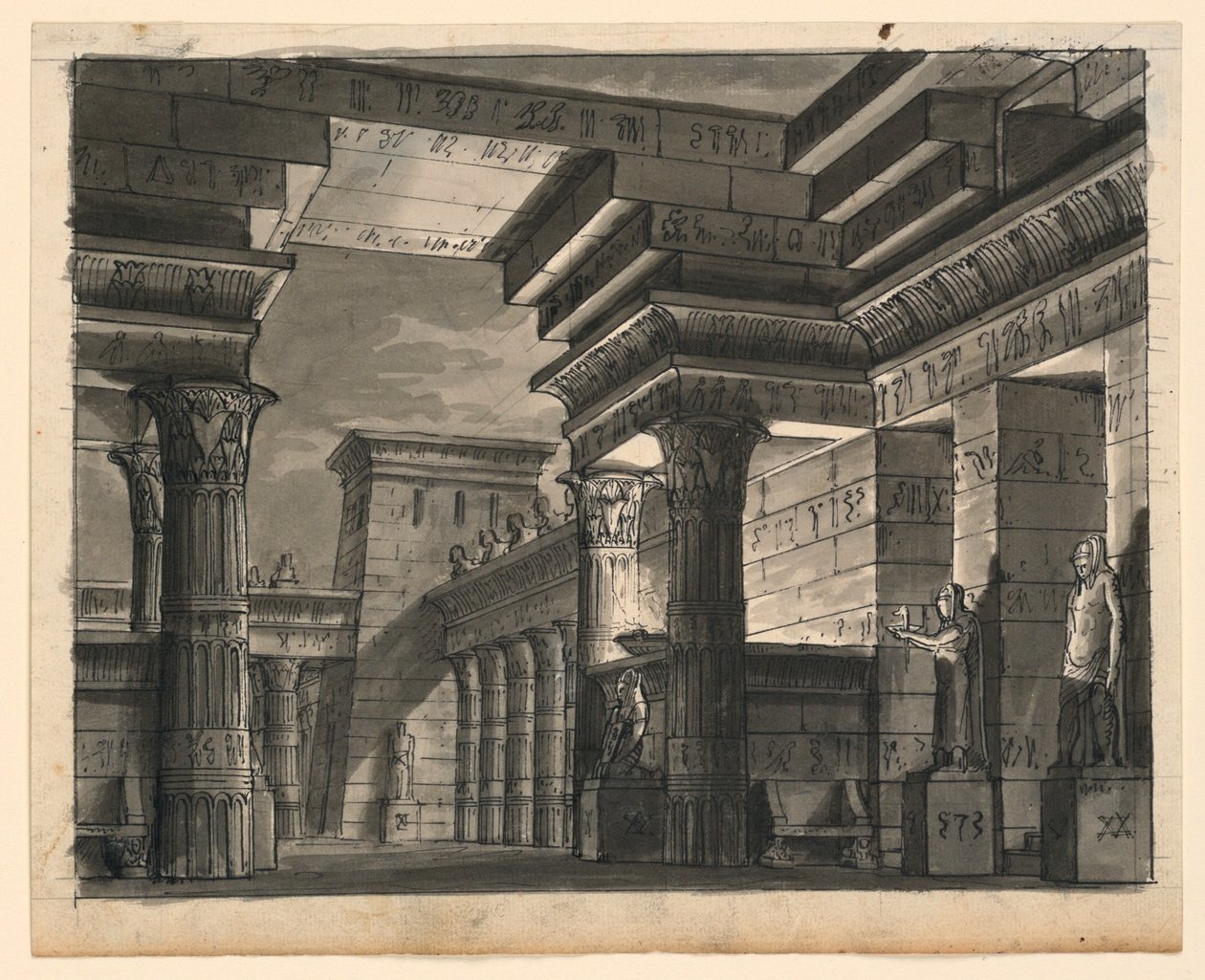 Scenedesign, egyptiske bygninger af Romolo Achille Liverani