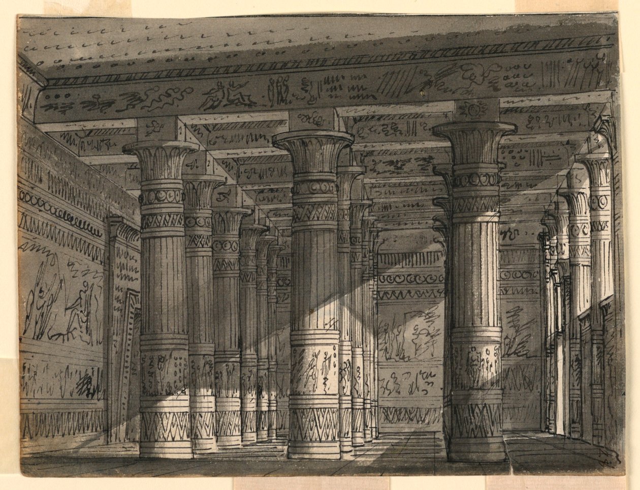 Scenedesign, egyptisk sal med søjler af Romolo Achille Liverani