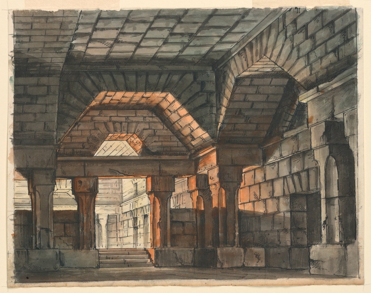 Scenedesign, befæstet slotinteriør til "Ciro in Babilonia" af Gioachino Rossini, La Scala, Milano, 1818, "Underjordisk fængsel" af Romolo Achille Liverani