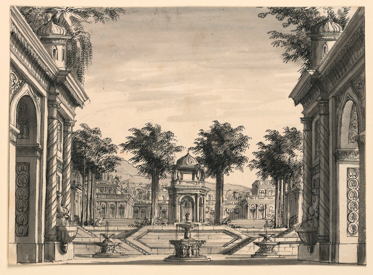Scenedesign, Indian Palace Garden til balletten "Djengis Khan" af Luigi Henry af Romolo Achille Liverani