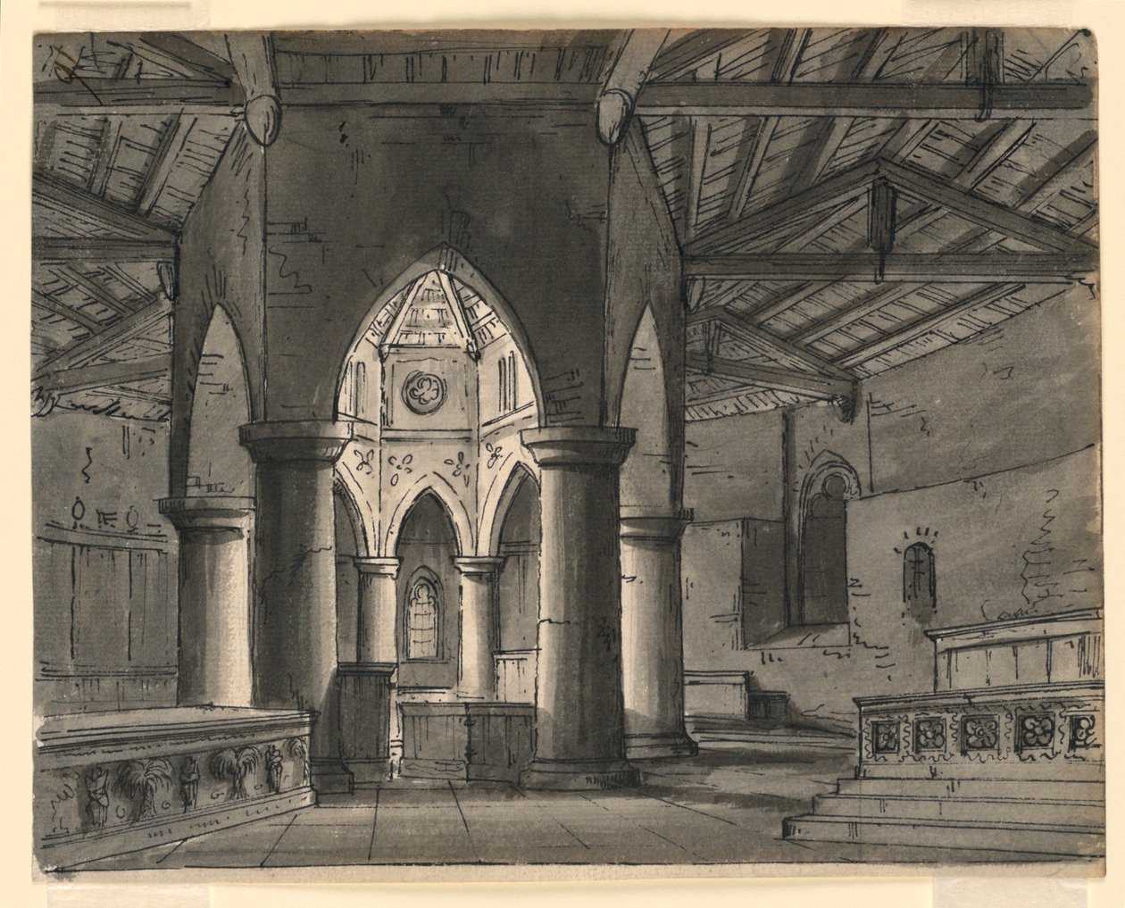 Scenedesign, interiør af gotisk kapel af Romolo Achille Liverani