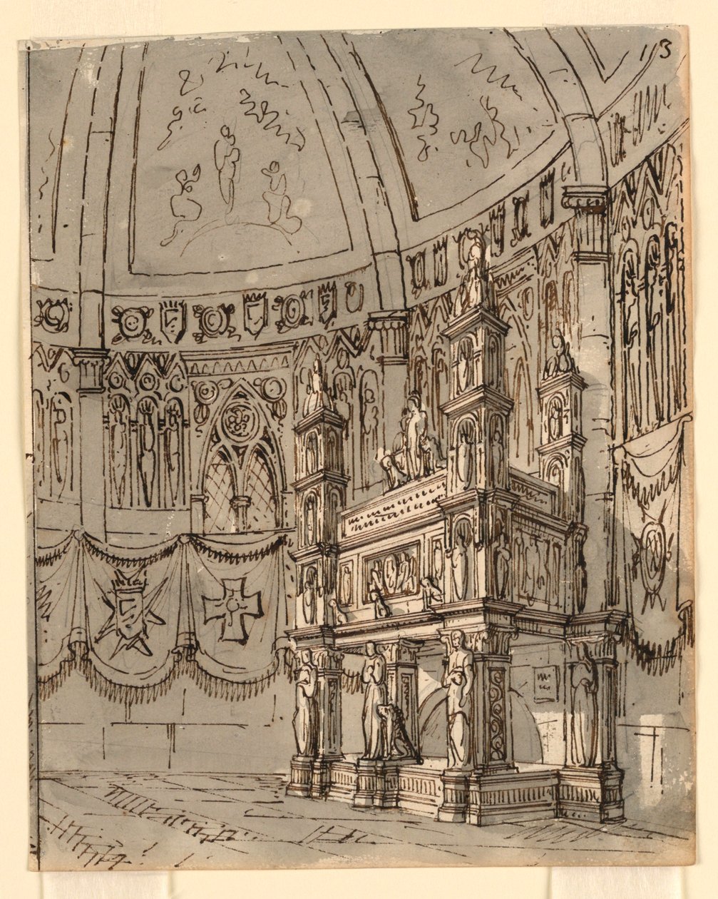 Scenedesign, interiør af gotisk kirke af Romolo Achille Liverani