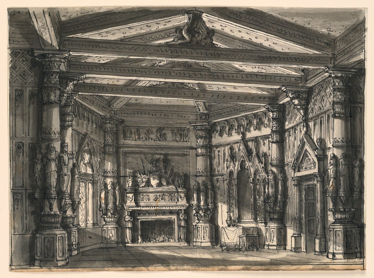 Scenedesign, interiør af Gothic Hall af Romolo Achille Liverani