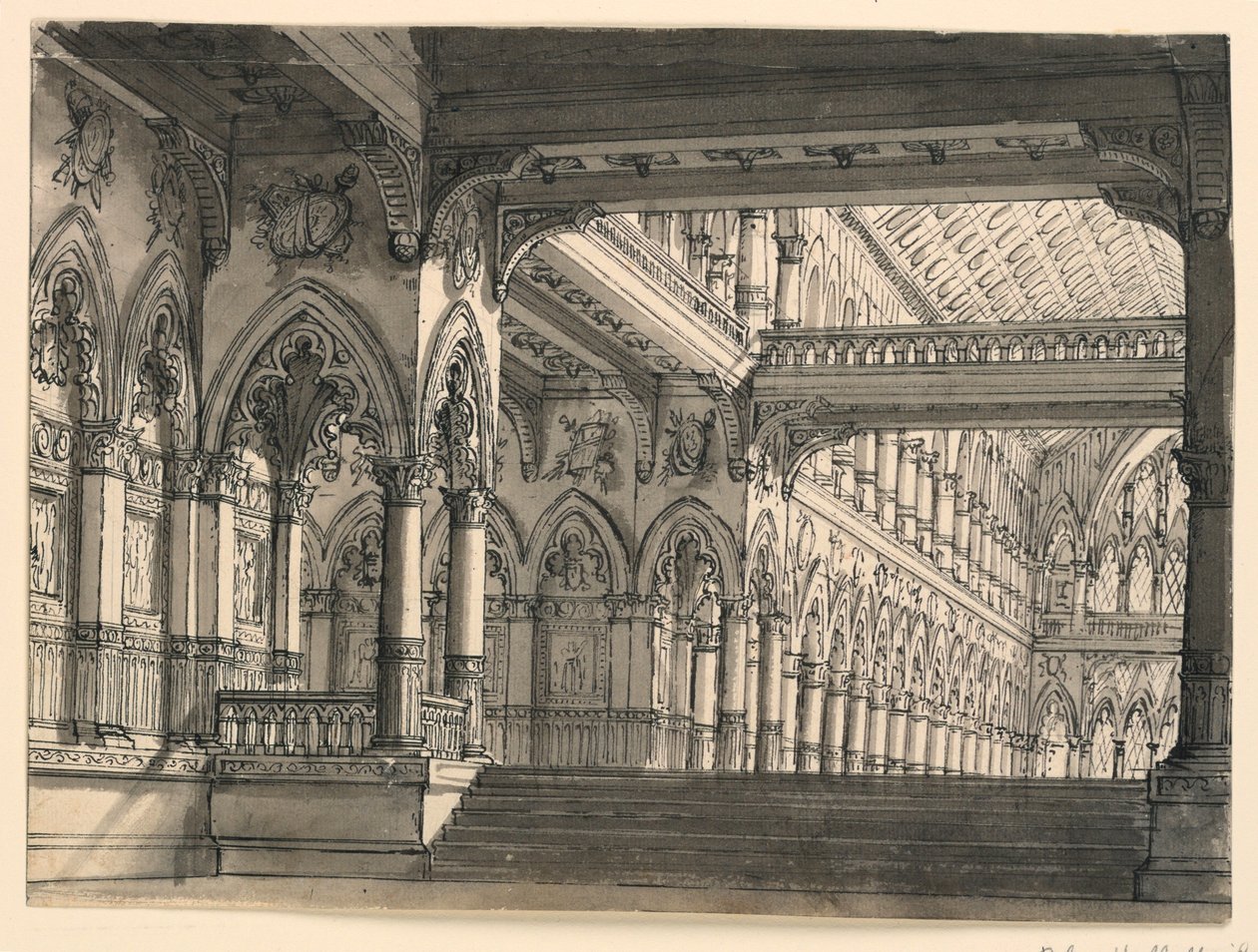 Scenedesign, interiør af Gothic Hall af Romolo Achille Liverani