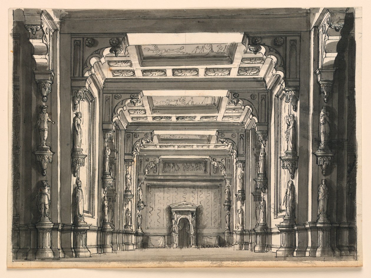 Scenedesign, interiør af Gothic Hall af Romolo Achille Liverani
