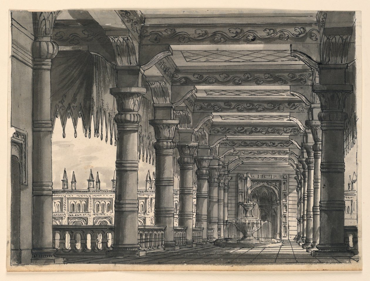 Scenedesign, Loggia med springvand i et orientalsk palads af Romolo Achille Liverani
