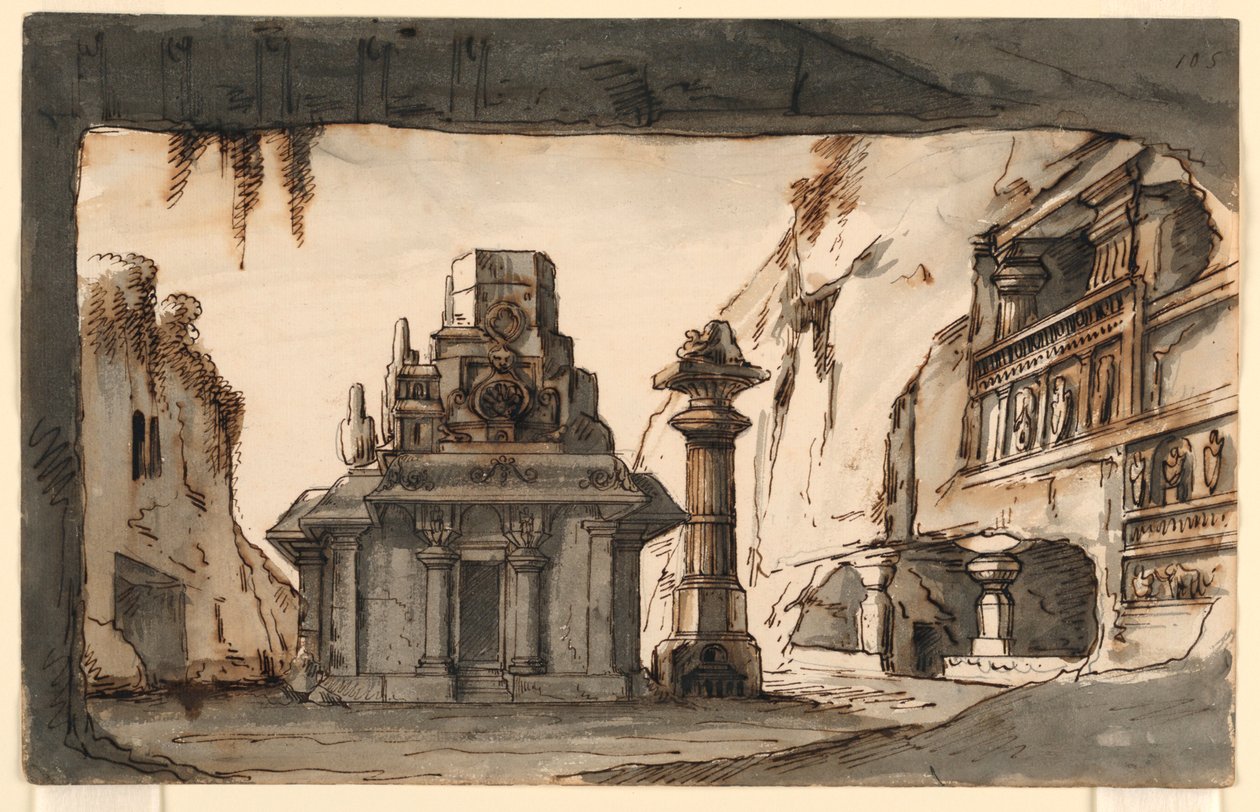 Scenedesign, orientalske bygninger midt i huler og klipper af Romolo Achille Liverani
