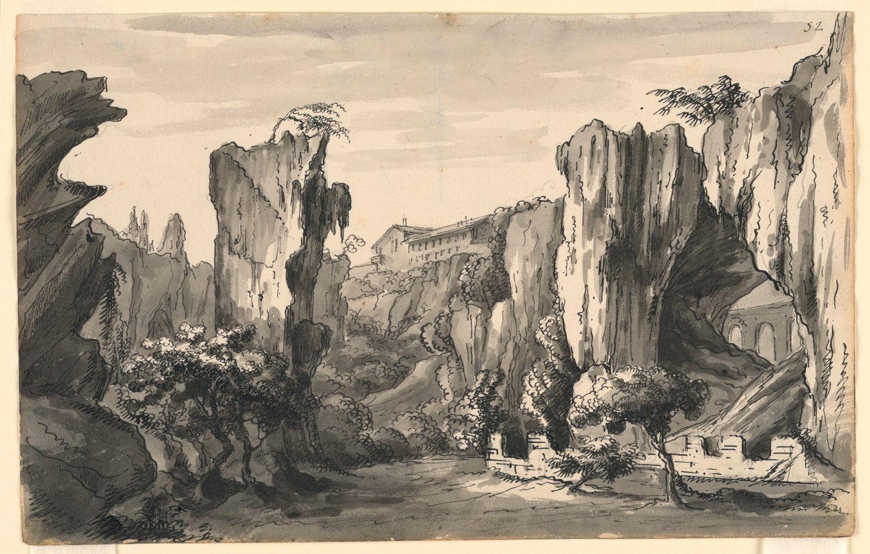 Scenedesign, Rocky Valley med bygninger af Romolo Achille Liverani