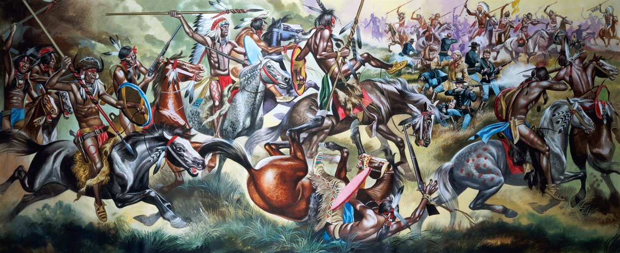 Kamp mellem indianere og soldater (gouache på papir) af Ron Embleton