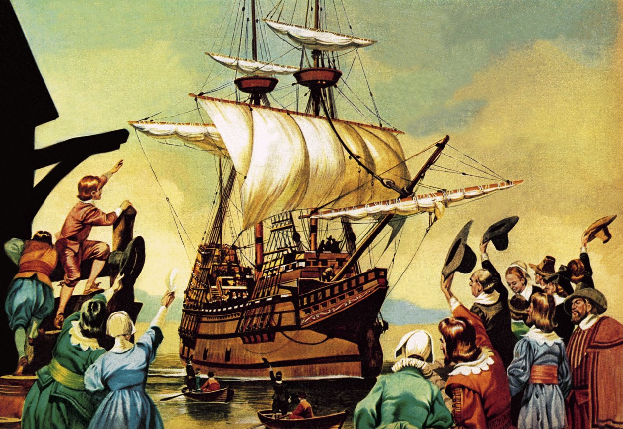 Pilgrimsfædrenes afrejse til Amerika (gouache på papir) af Ron Embleton