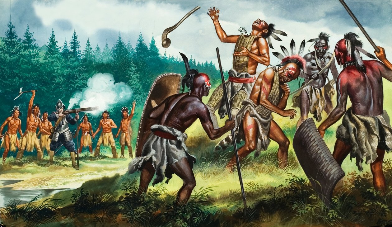 Engelske kolonier i kamp mod Irokesernes forbund, 20. århundrede (gouache på papir) af Ron Embleton
