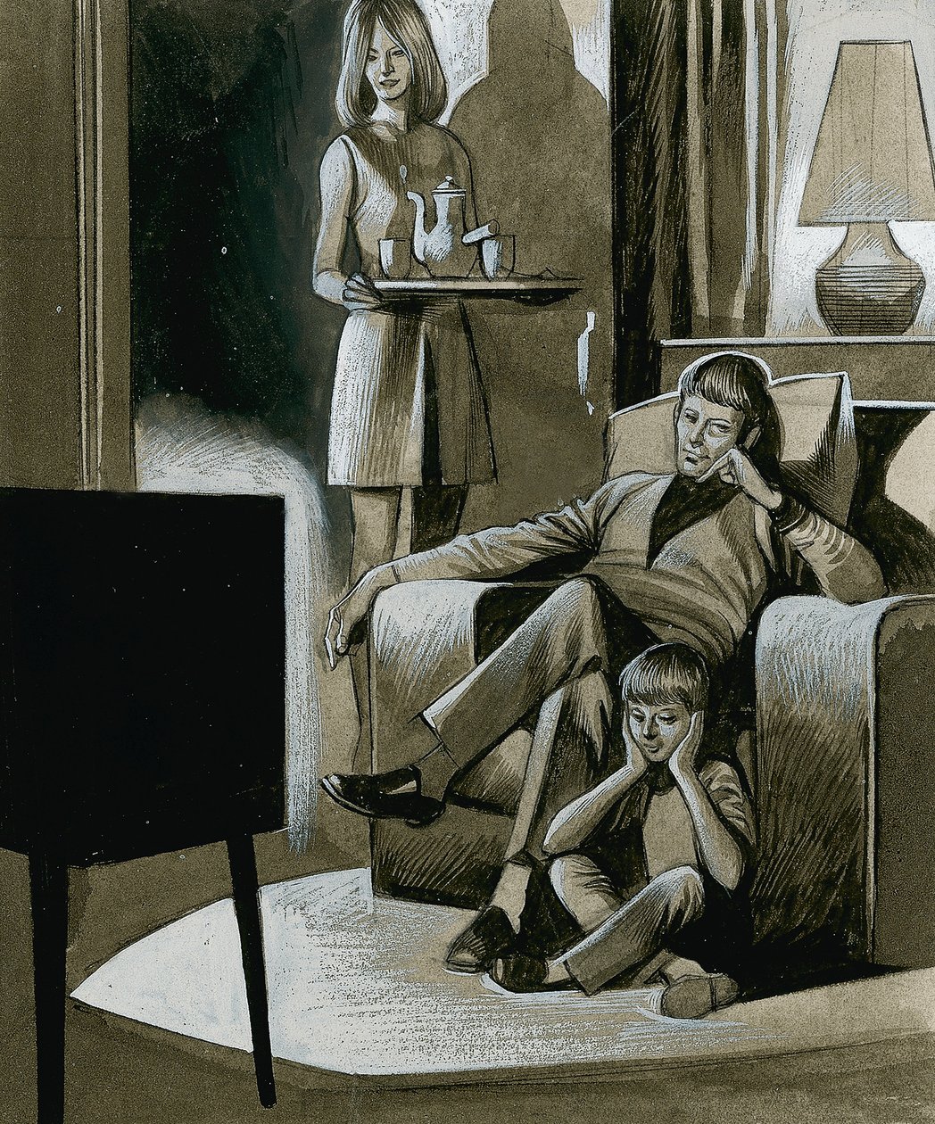 Familien ser sort-hvidt tv i 1960