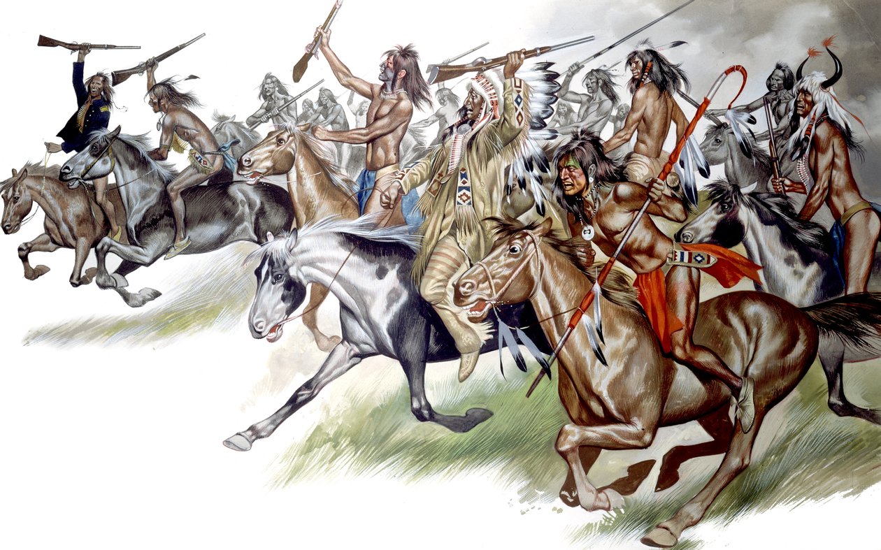 Indianere på hesteryg (gouache på papir) af Ron Embleton