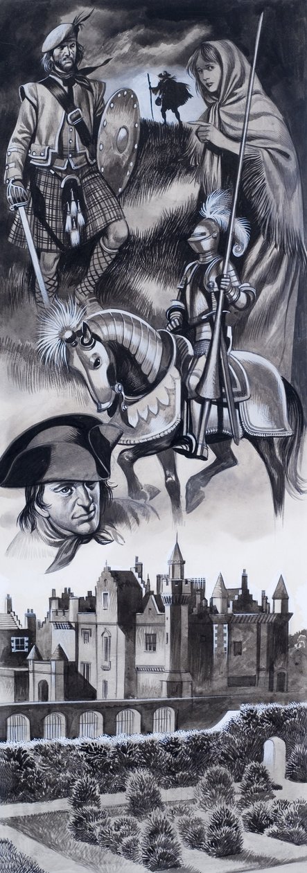 Skotsk slot og personligheder fra skotsk historie (gouache på papir) af Ron Embleton