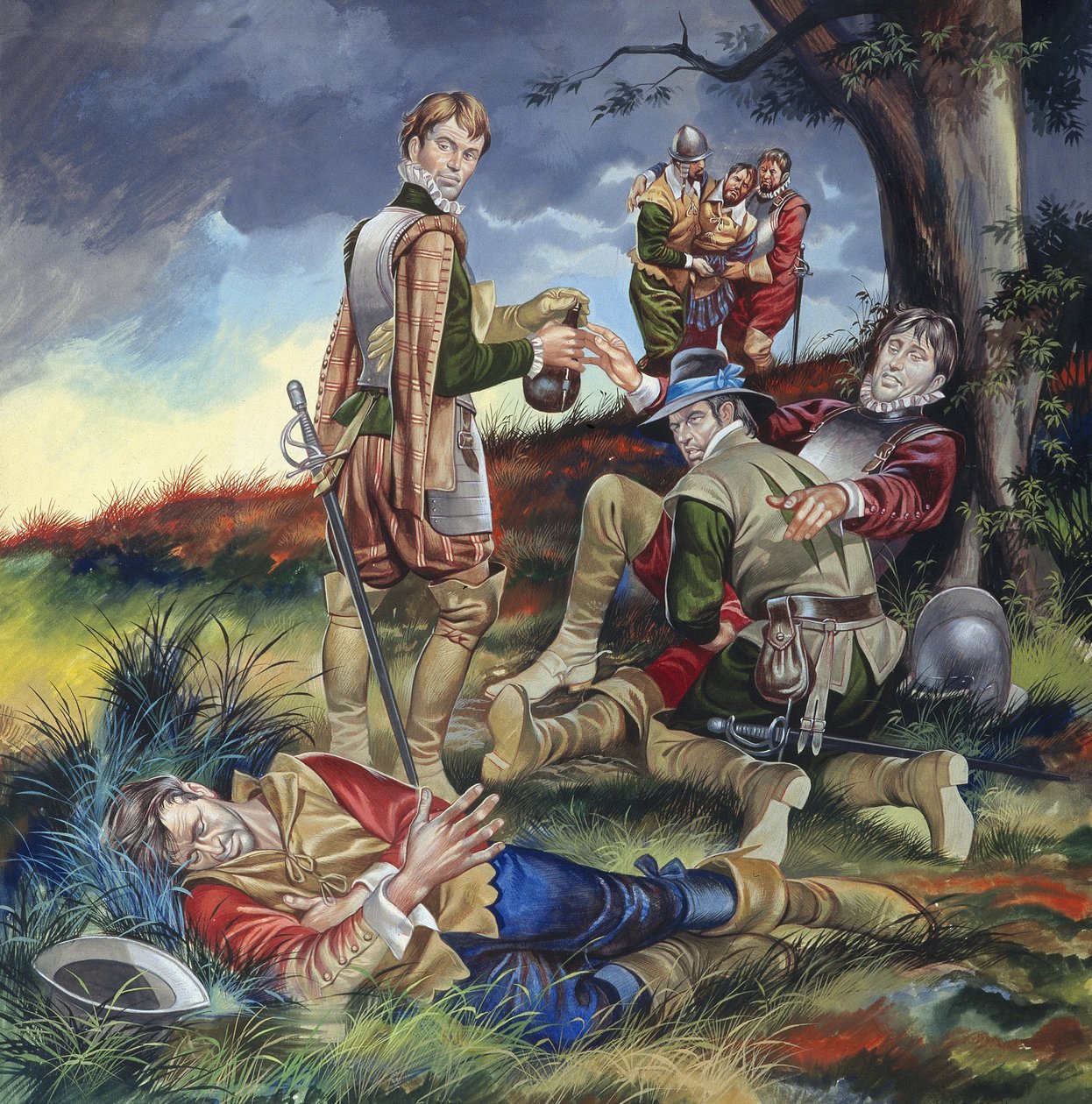 Sir Philip Sidney (1554-86) i Slaget ved Zutphen (gouache på papir) af Ron Embleton